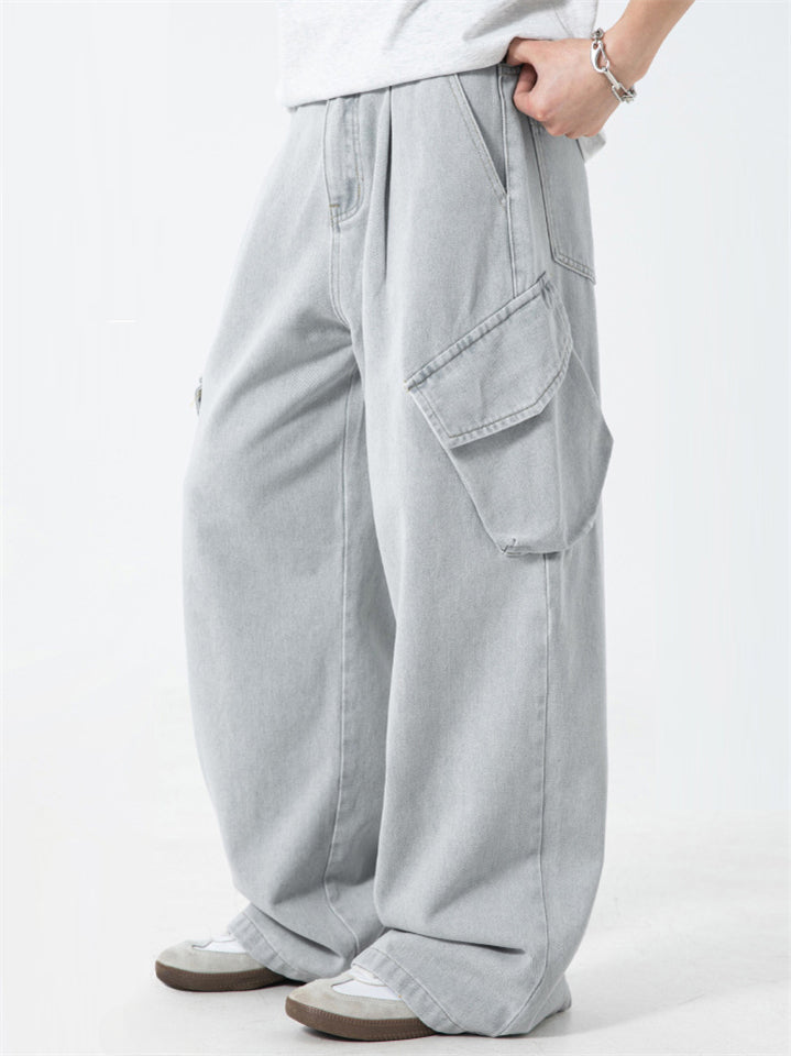 Men's Distressed Solid Color 3D Pockets Wide Leg Straight Jeans