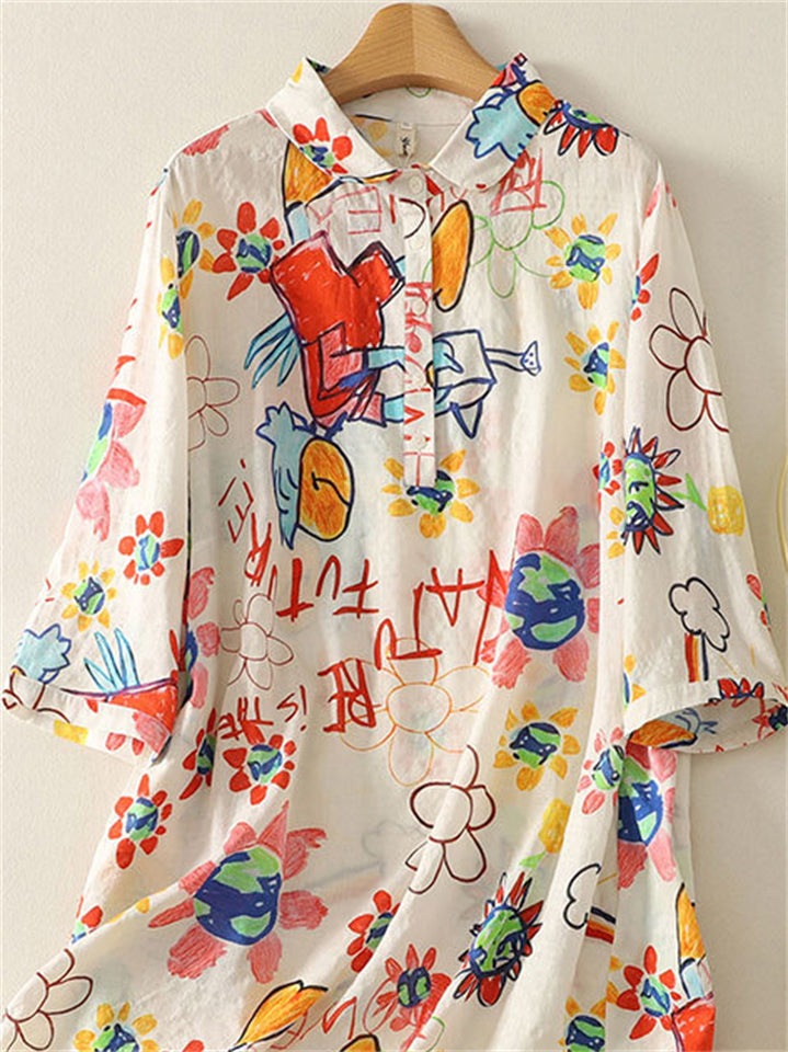 Women's Casual Summer Colorful Graffiti Printed Lapel Half Sleeve Shirt
