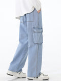 Mens American Style  Wide Leg Cargo Jeans with Utility Pockets