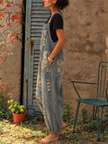 Women Floral Denim Baggy Wide Leg Overalls Jumpsuit with Pockets
