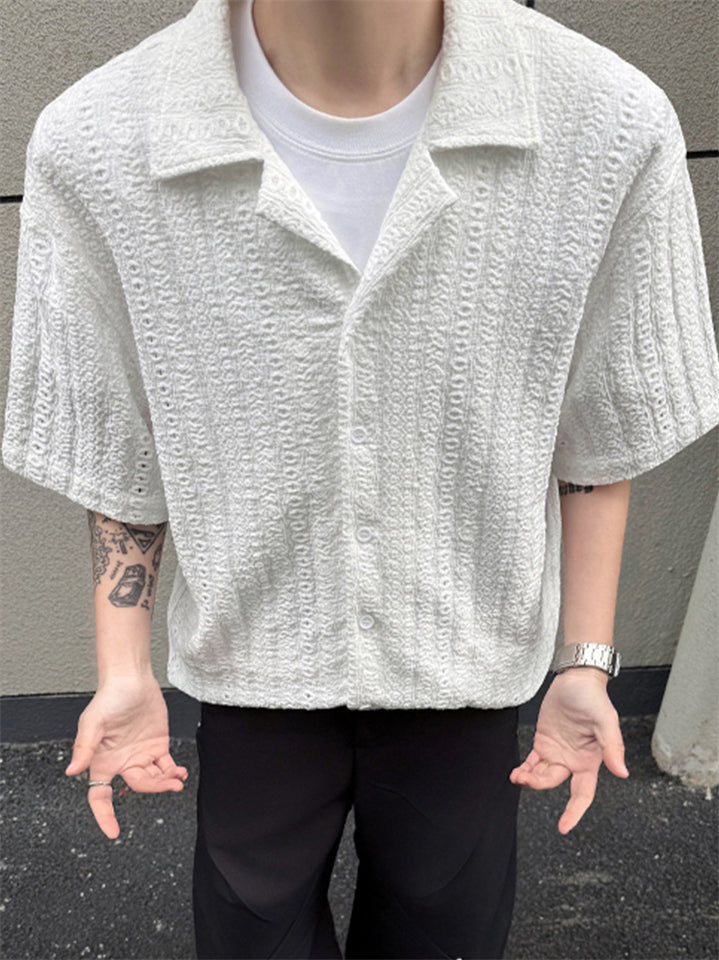 Men's Hollow Textured Eyelet Short Sleeve Button Down Cuban Shirts