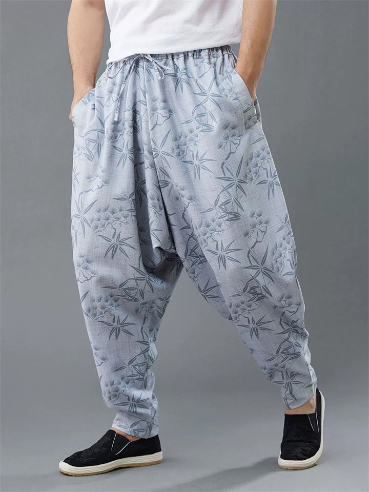 Loose Leaf Print Elastic Waist Kung Fu Tai Chi Pants for Men