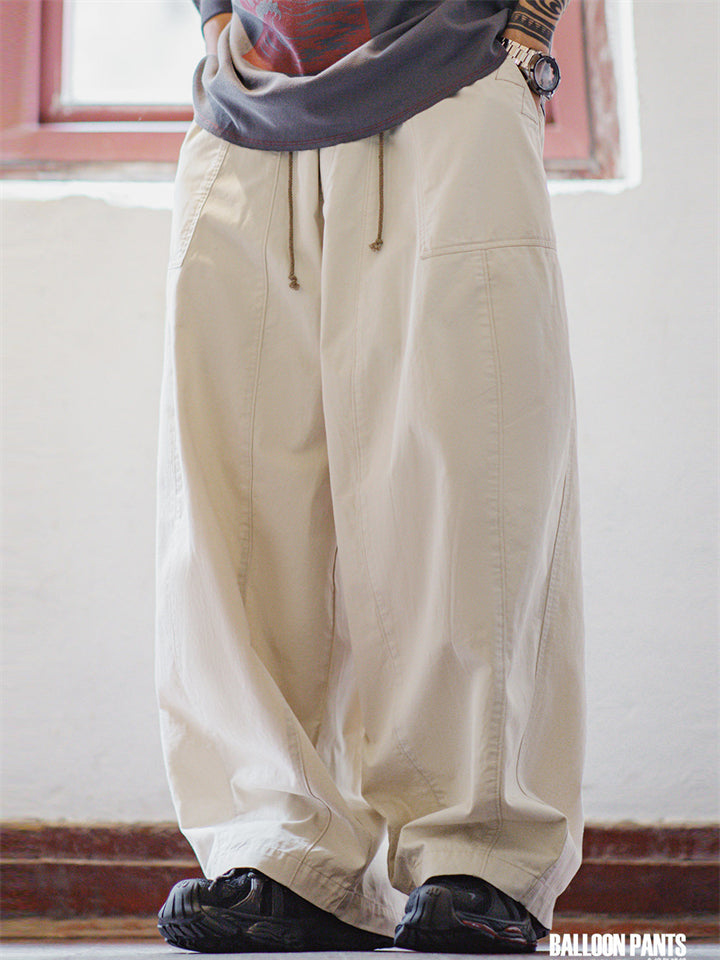 Men Japanese Style Cotton Wide Leg Drawstring Baggy Loose Fit Cargo Pants