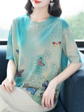 Women's Loose Butterfly Print Round Neck Short Sleeve Knit T-Shirts