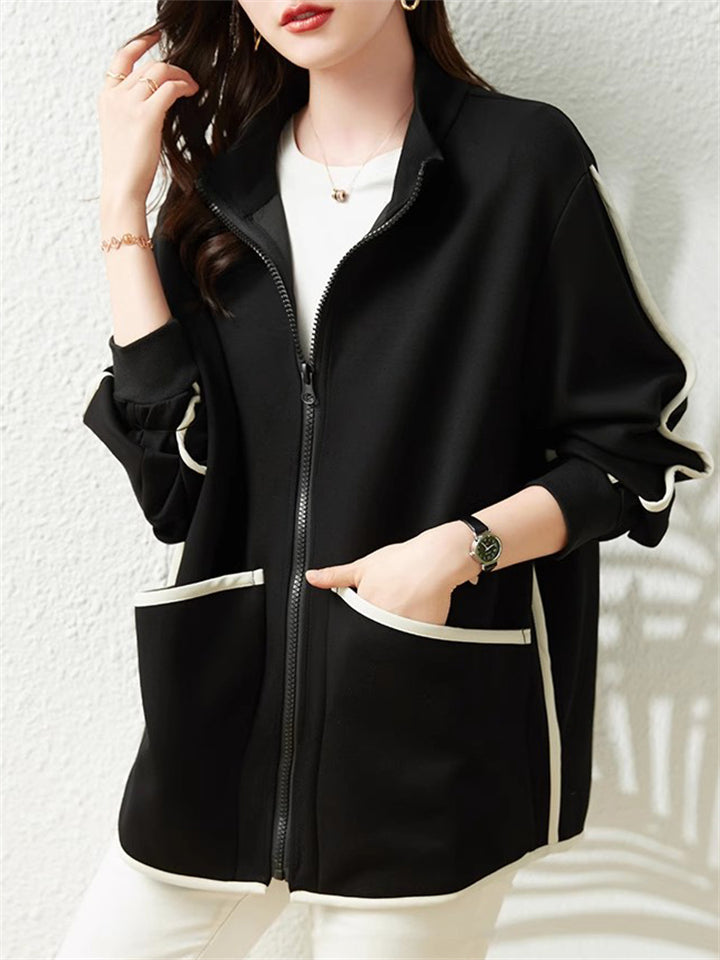 Women's Casual Stand Collar Contrast Trim Cardigan Jacket