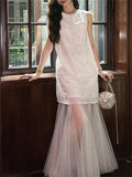 Women's Chinese Style Elegant Bling Texture Mesh Patchwork Dress