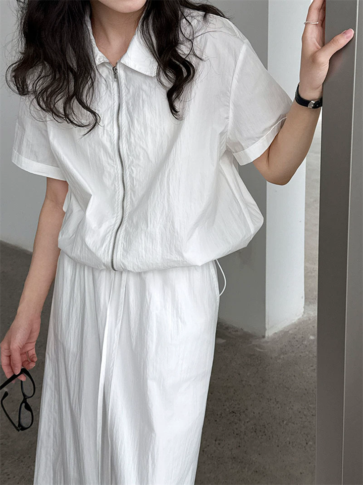 Women's Japanese Style Simple Solid Color Zip Up Short Sleeve Top & Skirt Set