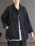 Korean Style Long Sleeve Women Cotton Lapel Pockets Jacket