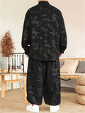 Oriental Corduroy Button Leaf Pattern Jacket  and Loose Drawstring Pants Set for Men