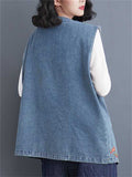 Women's Floral Embroidery Sleeveless V-Neck Denim Jacket