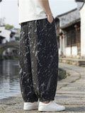 Mens Chinese Style Printed Drawstring Baggy Summer Pants