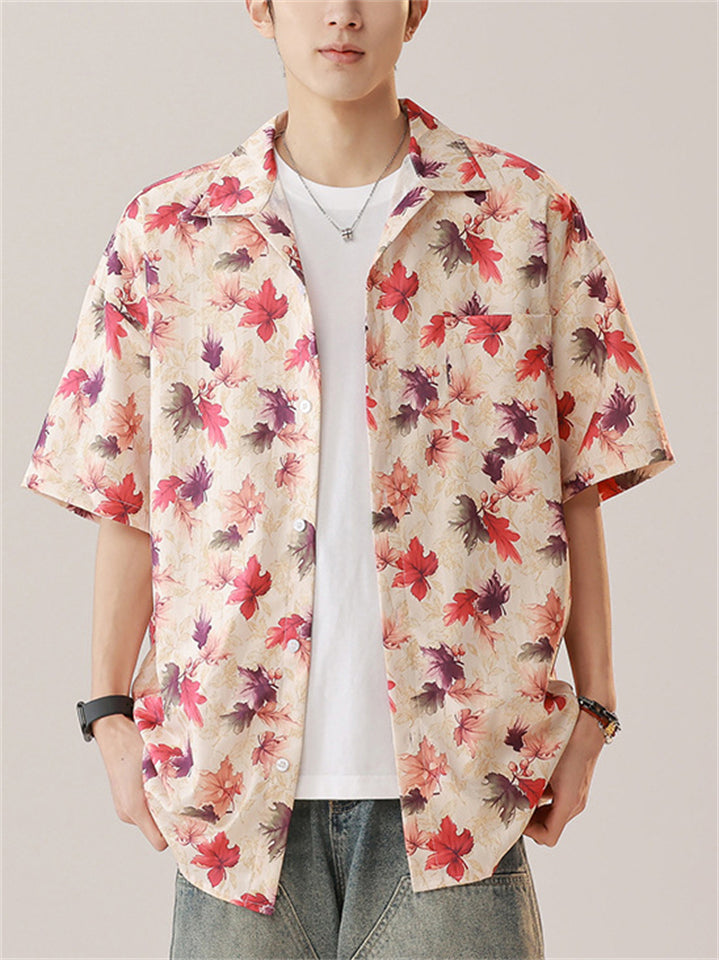 Men's Holiday Style Leaves Print Casual Short Sleeve Beach Shirt