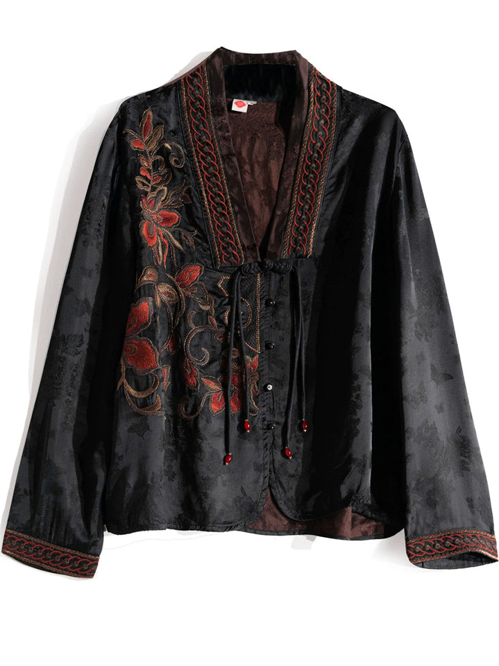 Ladies' Vintage Ethnic Style Floral Embroidery Frog Button Cardigan Jackets
