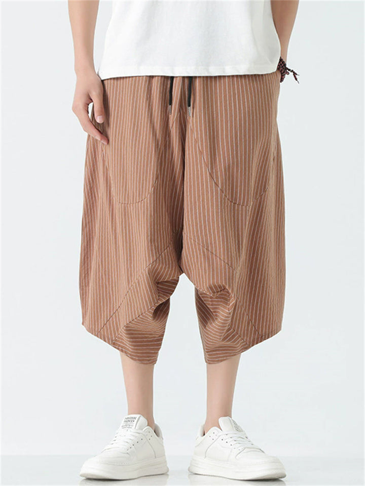Mens Cotton Linen Striped Harem Shorts Loose Fit Capri