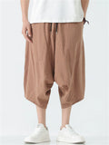 Mens Cotton Linen Striped Harem Shorts Loose Fit Capri