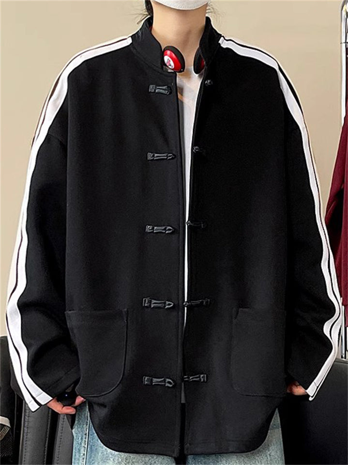 Men's Contrast Color Frog Button Stand Collar Sweatshirt Jacket