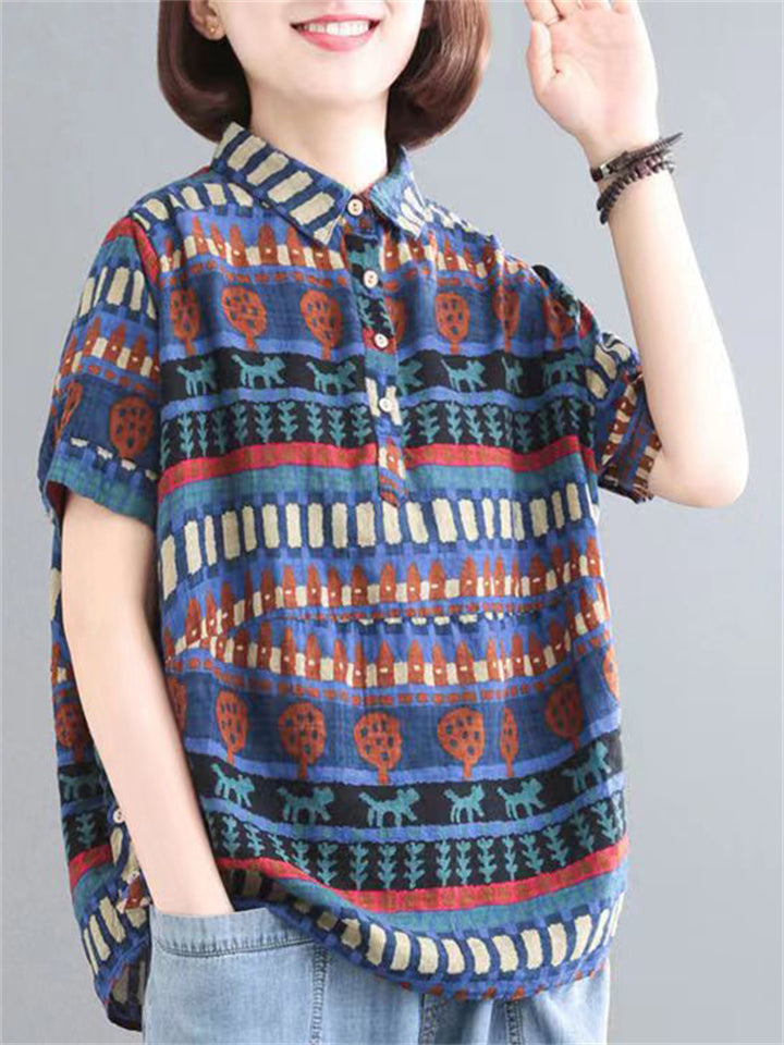 Women's Summer Loose Print Short Sleeve Shirts