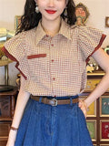 Female's Elegant Retro Plaid Patchwork Lotus Leaf Short-sleeved Shirts