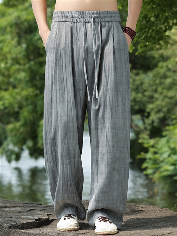 Men's Retro Solid Color Gray Linen Wide Leg Straight Pants