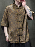 Men's Summer Cool Chinese Style Stand Collar Marble Print Half Sleeve Shirts