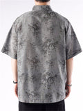 Summer Men's Slant Placket Bamboo Print Short Sleeve Shirts