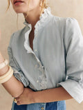 Women's Elegant Autumn Cotton Striped Hollow Stand Collar Long Sleeve Shirts