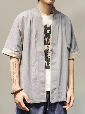 Loose Contrast Color Half Sleeve Cardigan Shirt for Men