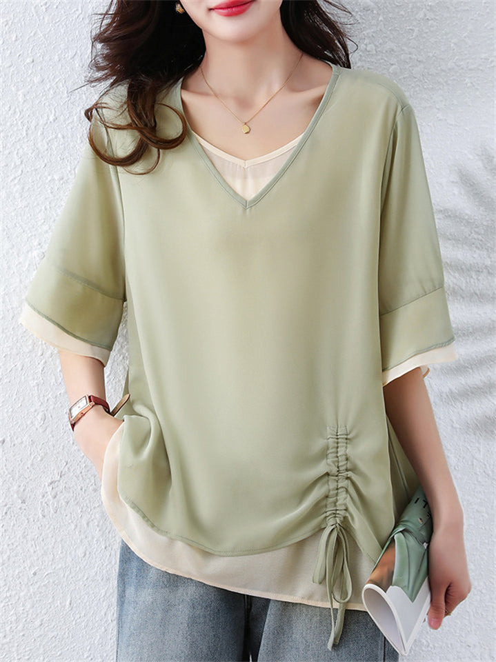 Women's Casual Contrast Color Patchwork Half Sleeve Shirt