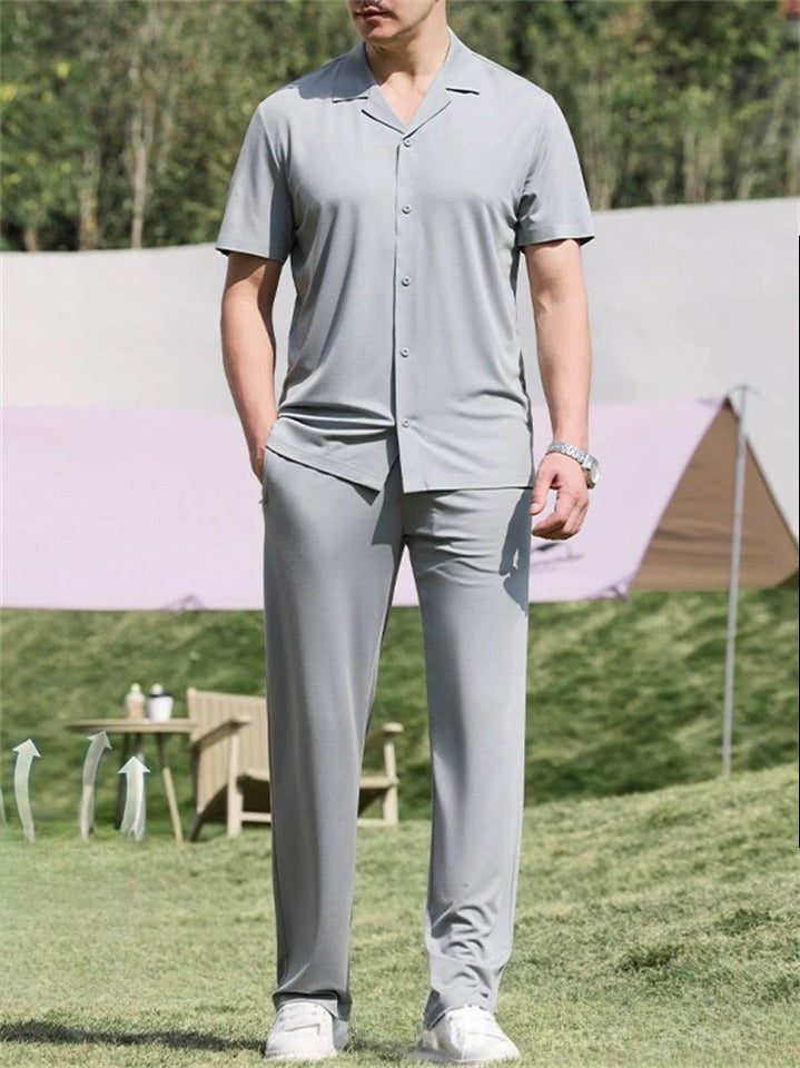 Men Comfy Breathable Ice Silk 2 Piece Short Sleeve Shirt Pants Outfits