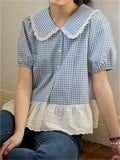 Women's Summer Retro Blue Plaid Lace Patchwork Short Sleeve Shirts