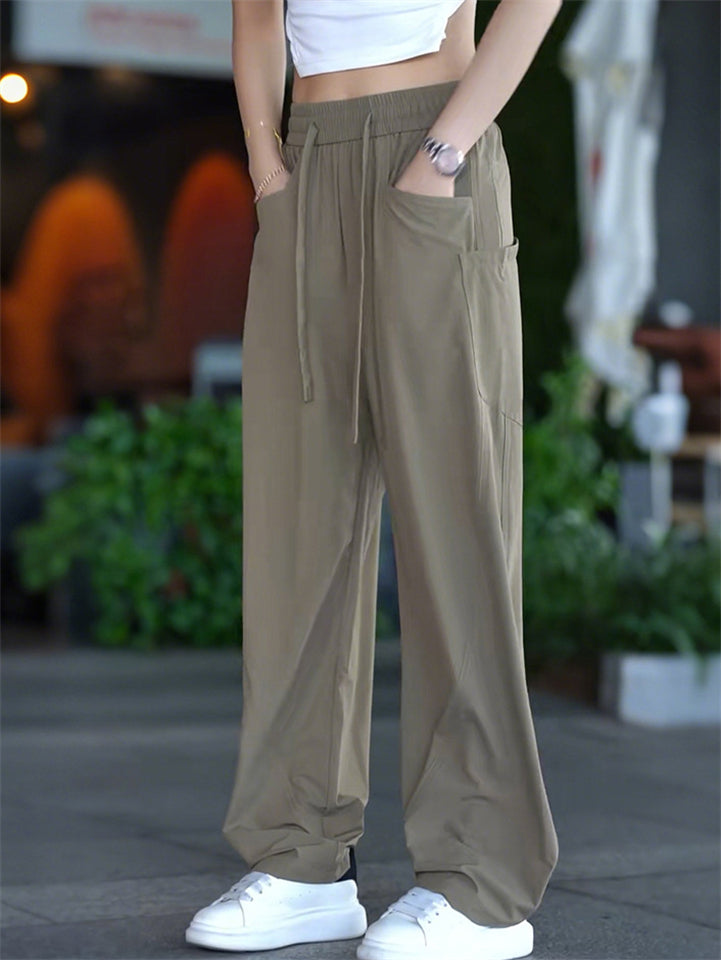 Summer Loose Fit Workwear Pants for Women with Drawstring and Pockets
