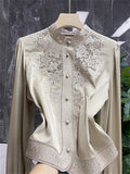 Women's Elegant Hollow Heavy Industry Embroidered Stand Collar Shirts