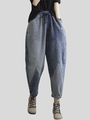 Women's Trend Striped Patchwork Blue Denim Pants