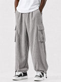 Mens Corduroy Cargo Pants with Multi Pockets and Drawstring Hem