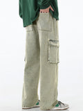 Mens American Style  Wide Leg Cargo Jeans with Utility Pockets