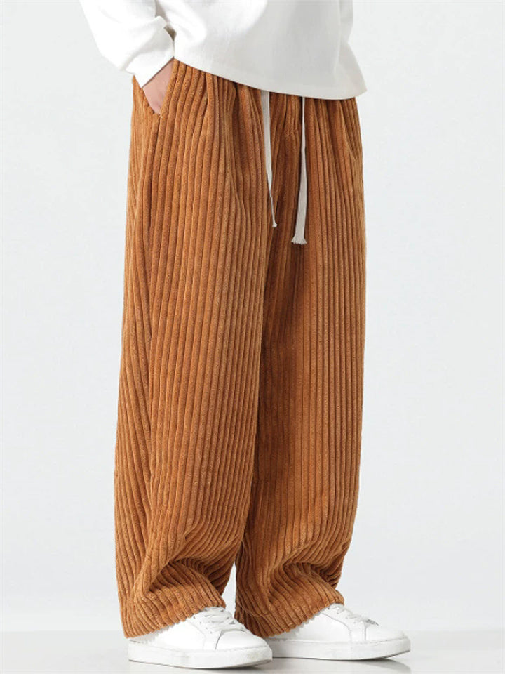 Mens Vintage Casual Corduroy Wide Leg Drawstring Pants