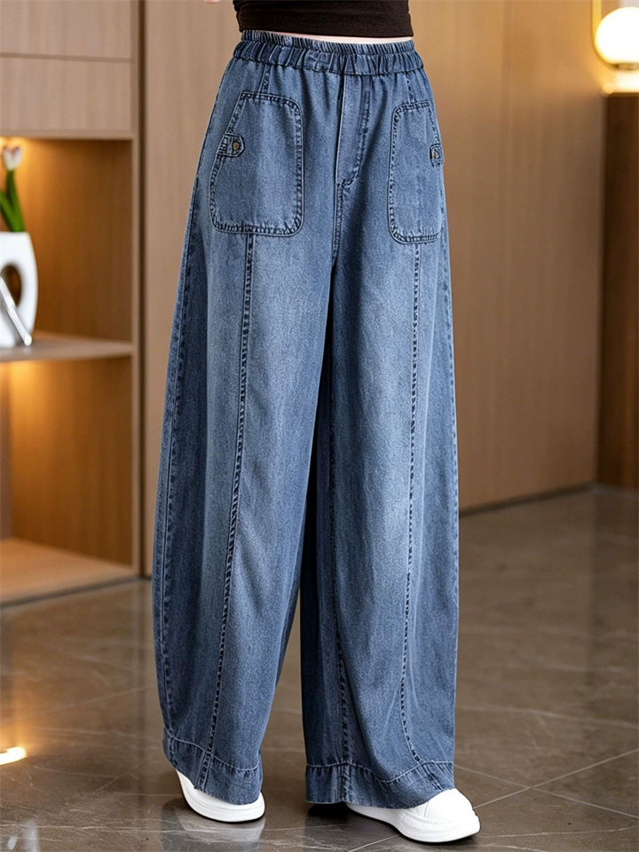 Women Summer Lyocell Wide Leg Baggy Denim Jeans Elastic Waist Loose Pants