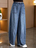 Women Summer Lyocell Wide Leg Baggy Denim Jeans Elastic Waist Loose Pants