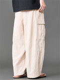 Mens Summer Linen Blend Loose Wide Leg Cargo Pants with Pockets