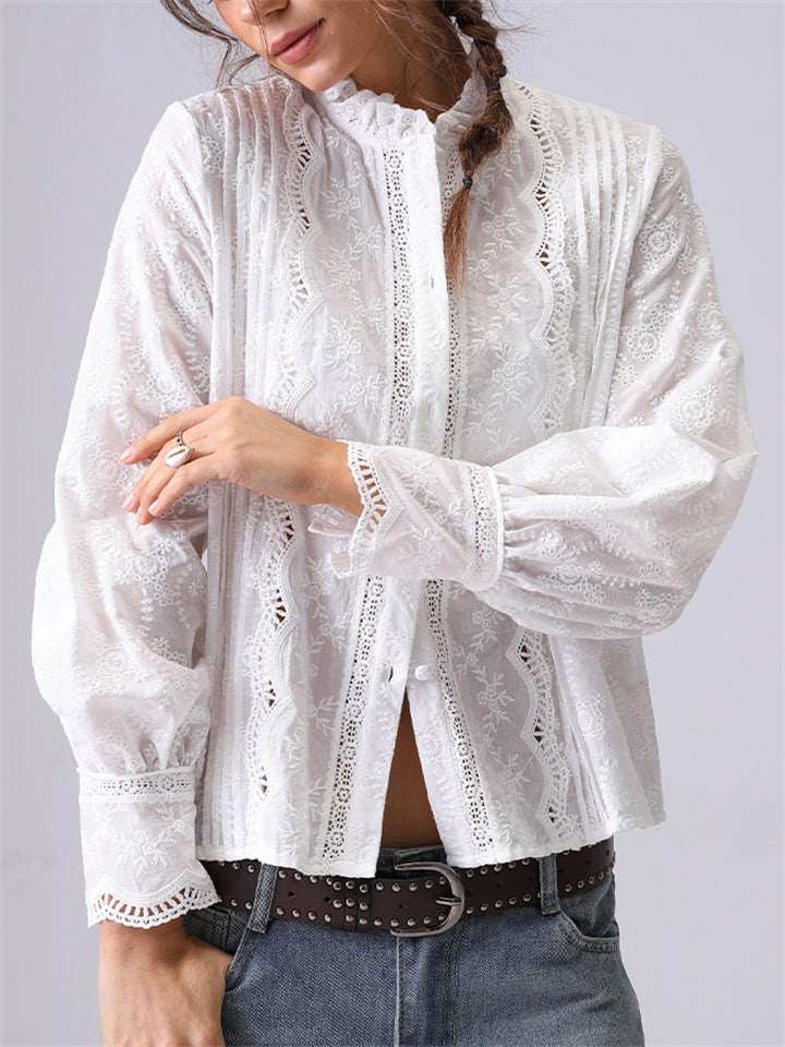 Women's French Style Elegant Embroidery Long Sleeve Lace Shirts
