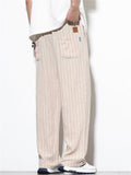 Mens Cotton Linen Striped Casual Beach Wear Wide Leg Pants