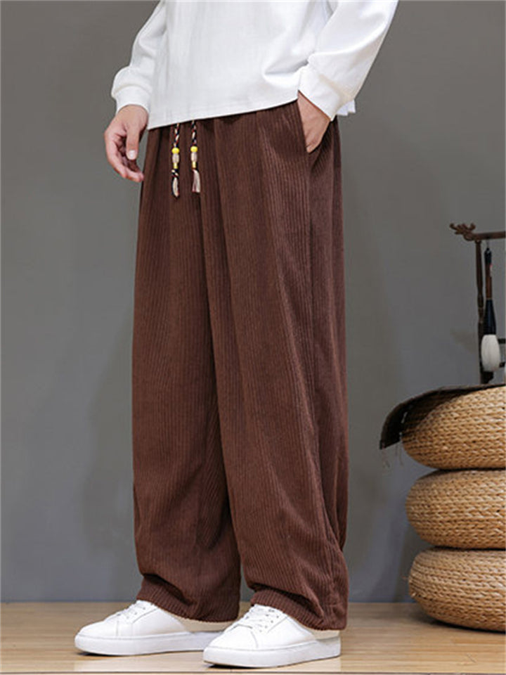 ‌Men's Casual Drawstring Loose Fit Corduroy Straight Leg Pants
