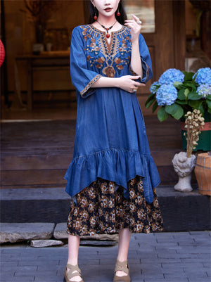 Women's V-neck Ethnic Floral Embroidery Patchwork Ruffled Denim Dress