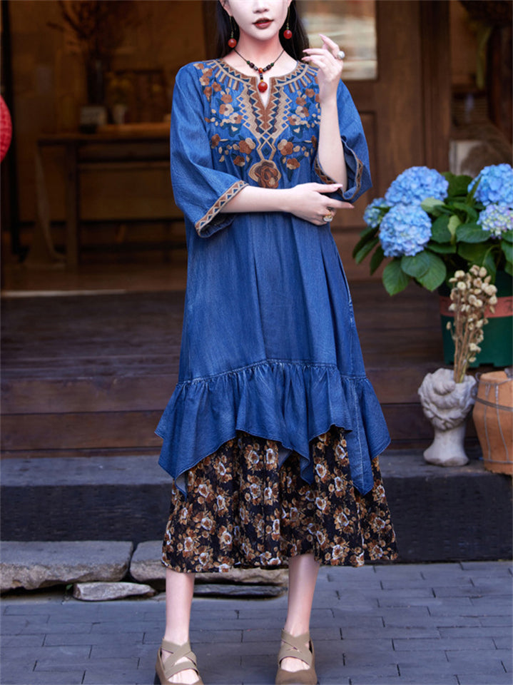 Women's V-neck Ethnic Floral Embroidery Patchwork Ruffled Denim Dress