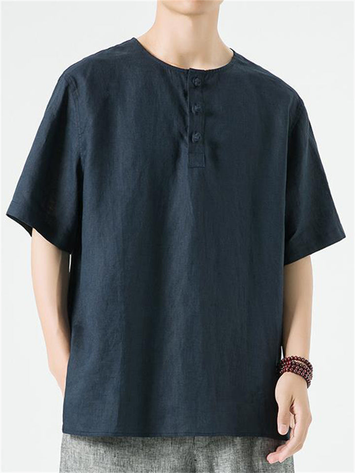 Chinese Style Comfy Solid Color Linen Short Sleeve Shirt