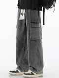 Mens American Style  Wide Leg Cargo Jeans with Utility Pockets