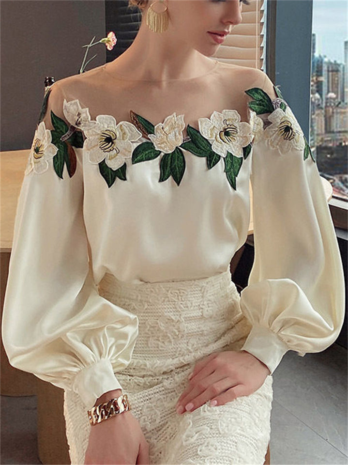 Women's Mesh Patchwork Flowers Embroidered Shirts