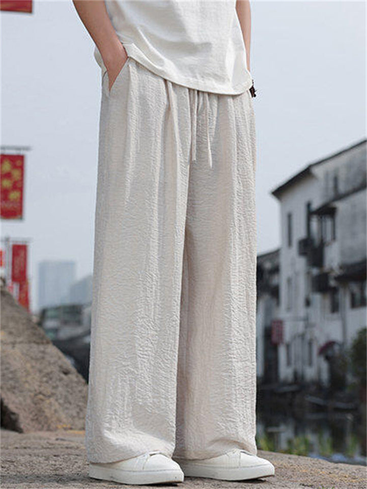 Men's Summer Texture Breathable Linen Blend Wide Leg Drawstring Pants