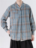 Men's Japanese Style Causal Collarless Loose Long Sleeve Plaid Shirts