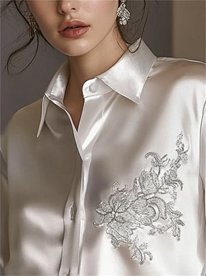 Elegant White Satin Blouse with Plant Embroidery For Women